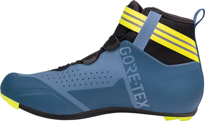 Blue cycling shoe with yellow accents and Gore-Tex branding on a white background
