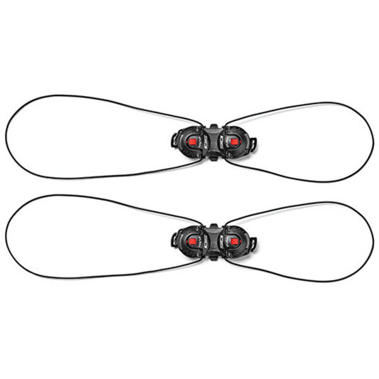 Two closure systems with black centers and red eyes on a white background