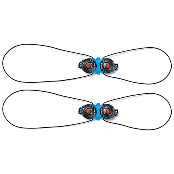 Two closure systems with blue and red hardware on a white background