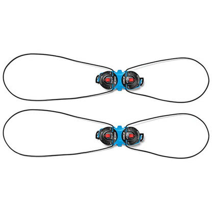 Two closure systems with blue and red hardware on a white background