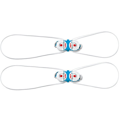 White closure systems with blue and red accents on a white background