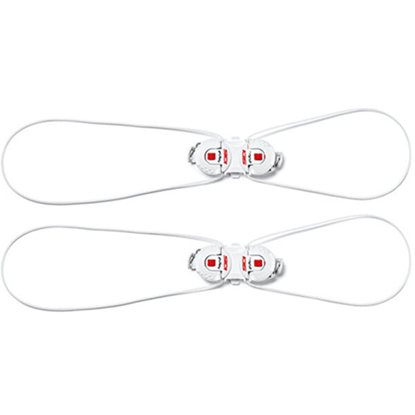 White closure systems with red bindings on a white background