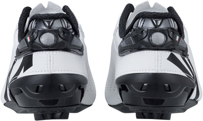 White cycling shoes with black accents on a white background
