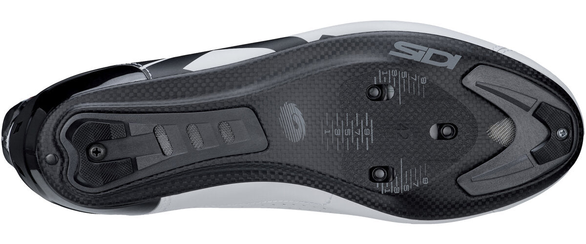 Close-up of a black and gray Sidi cycling shoe sole on a white background