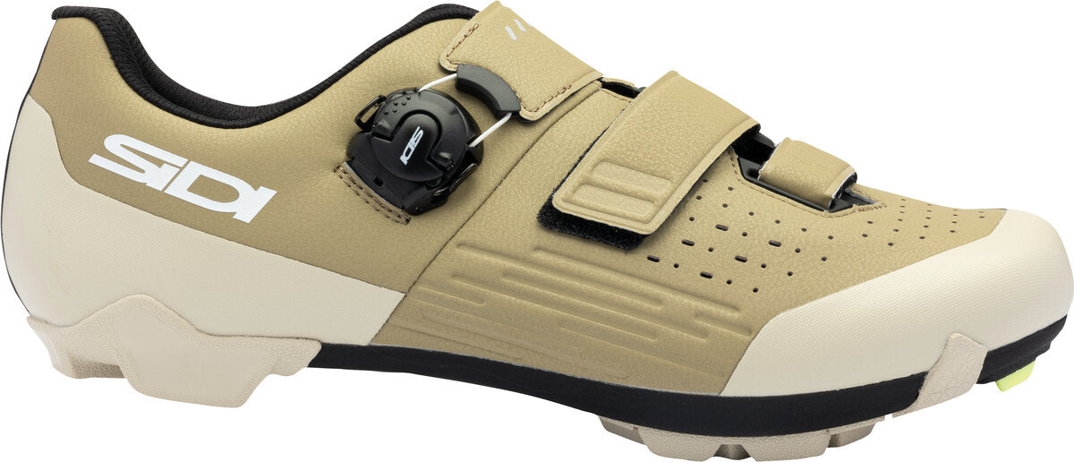 Beige cycling shoe with black accents on a white background