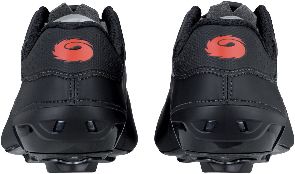 Black cycling shoes with a red logo on a white background
