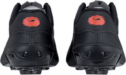 Black cycling shoes with a red logo on a white background