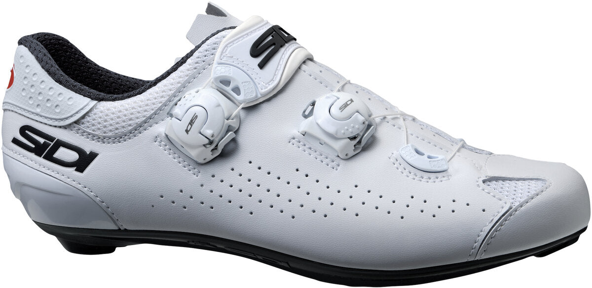 White cycling shoe with black accents on a white background