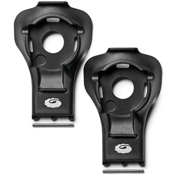 Two black plastic components with a logo on a white background