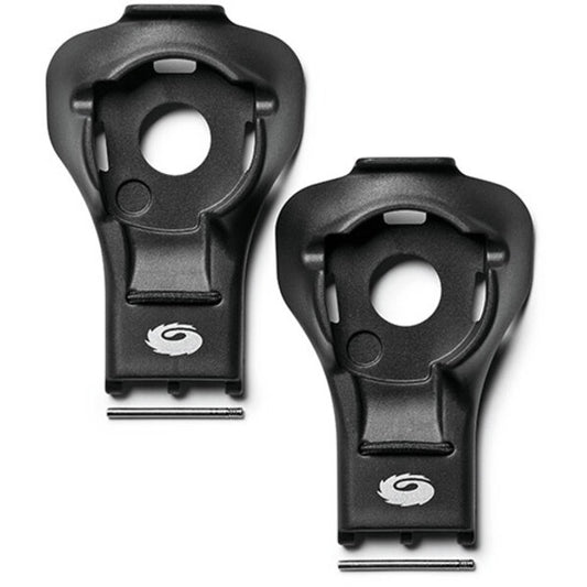 Two black plastic components with a logo on a white background