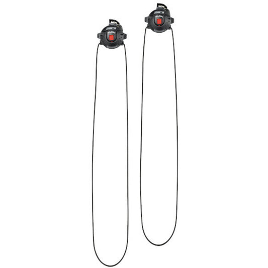 Two black shoe lacing with red buttons on a white background