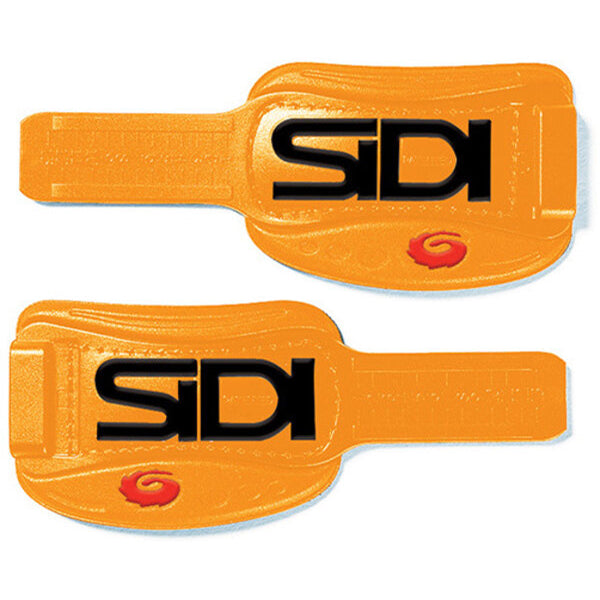 Two orange Sidi shoe straps on a white background
