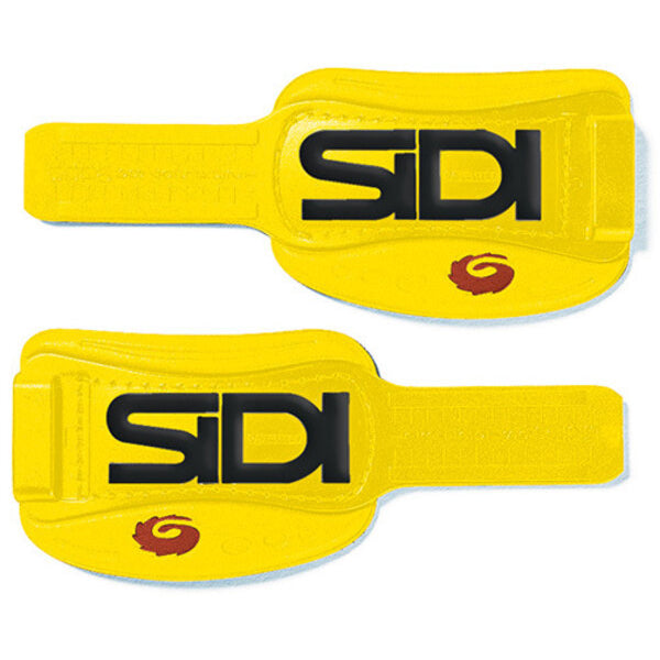 Yellow Sidi shoe straps with black logo on a white background