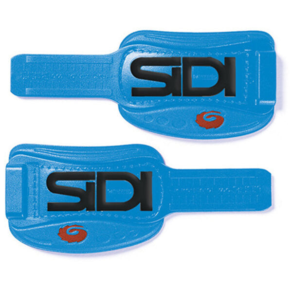 Two blue Sidi shoe straps on a white background