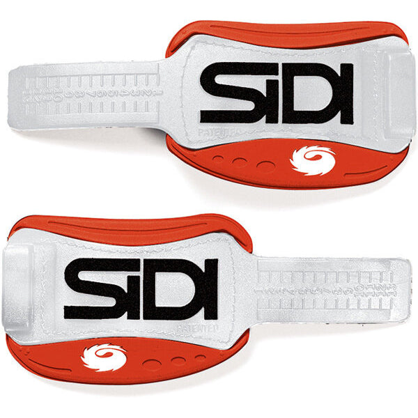 Pair of SIDI shoe straps with red and white design on a white background