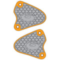 Two gray and orange rubber footpegs with a brand logo on a white background