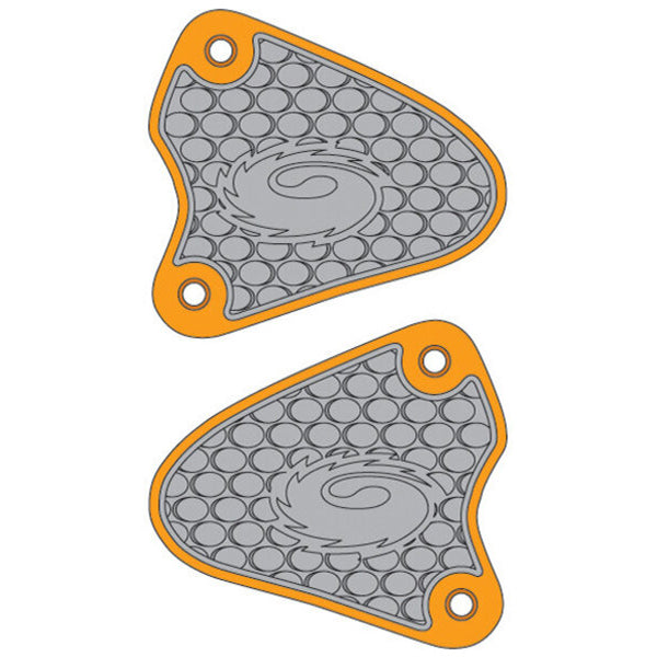 Two gray and orange rubber footpegs with a brand logo on a white background