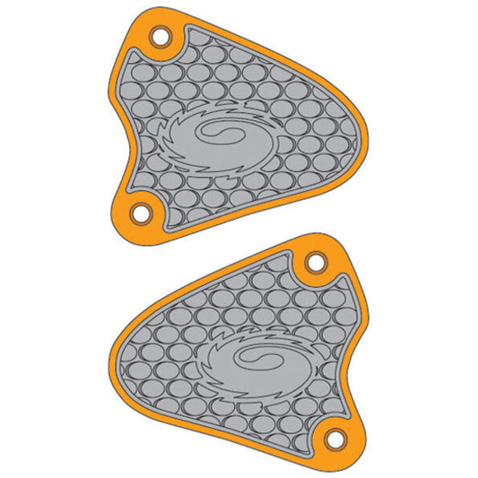 Two gray and orange rubber footpegs with a brand logo on a white background