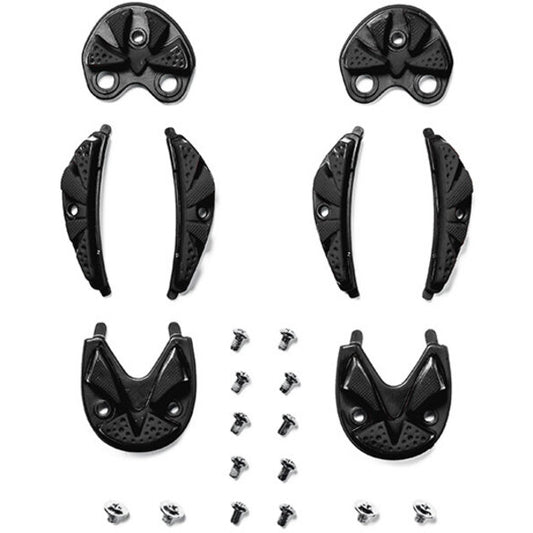 Set of black metal brackets and screws on a white background