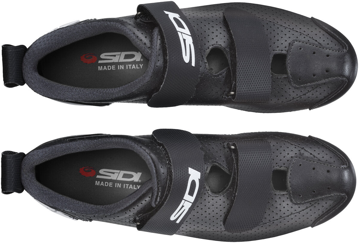 Pair of black cycling shoes with Sidi branding on a white background