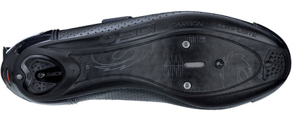 Black cycling shoe sole with brand logos on a white background