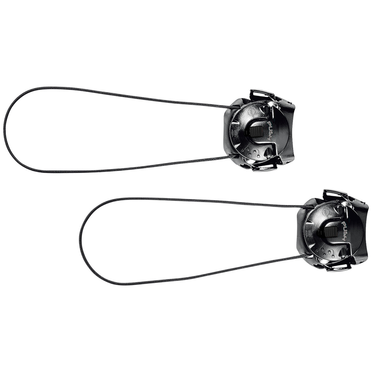 Two black/black Sidi dial closure systems with metal laces on a white background