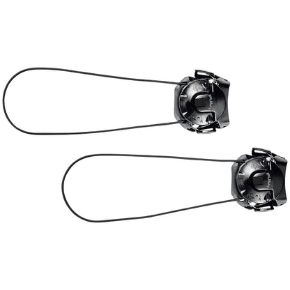 Two black/black Sidi dial closure systems with metal laces on a white background