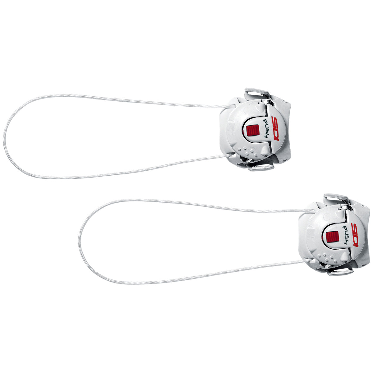 Two white Sidi dial closure systems with metal laces on a white background