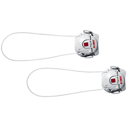 Two white Sidi dial closure systems with metal laces on a white background