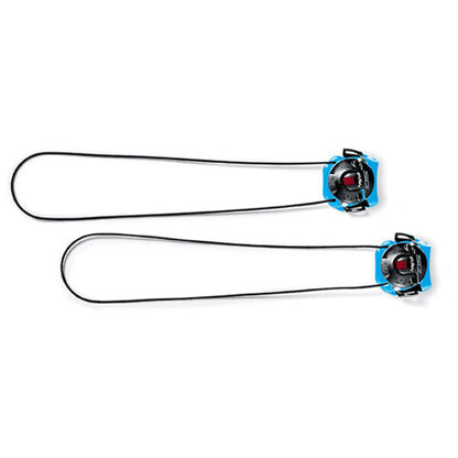 Two black and blue closure systems on a white background