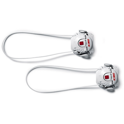 Two white closure systems with metal ends on a white background