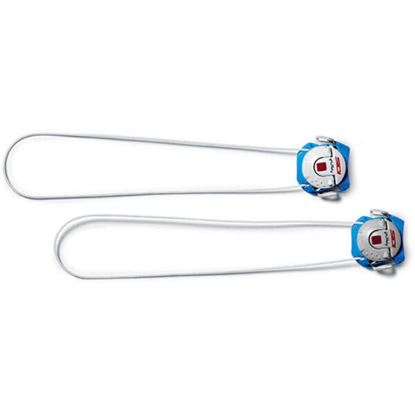 Two white closure systems with blue and red ends on a white background