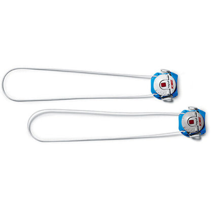 Two white closure systems with blue and red ends on a white background