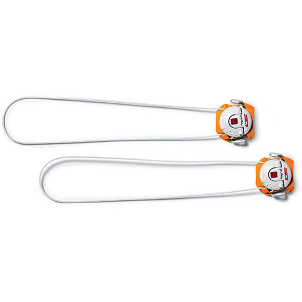 Two white closure systems with orange and gray accents on a white background