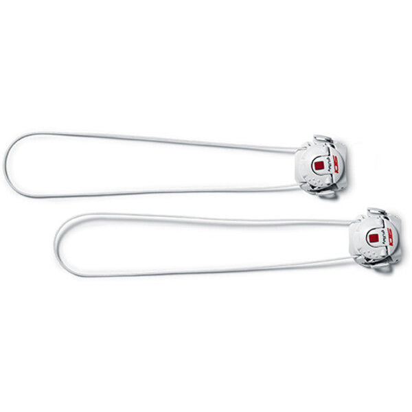 Two white closure systems with red and black accents on a white background