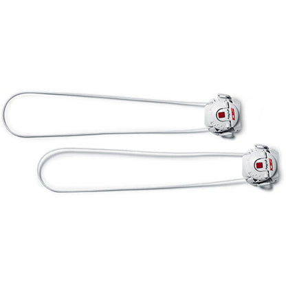 Two white closure systems with red and black accents on a white background