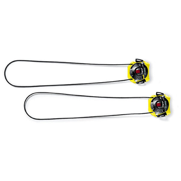 Two closure systems with black straps and yellow accents on a white background