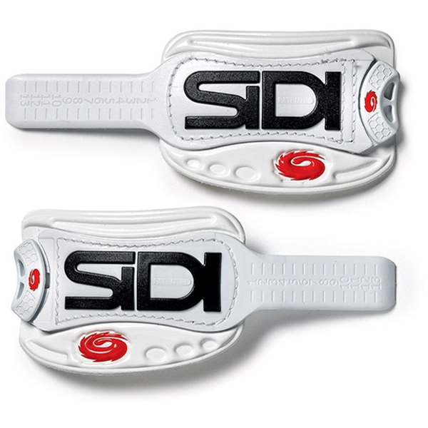 White Sidi shoe straps with red accents on a white background