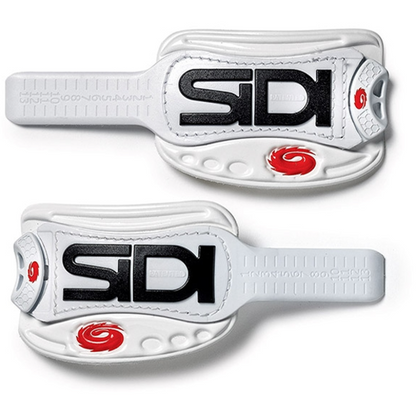 White Sidi shoe straps with red accents on a white background