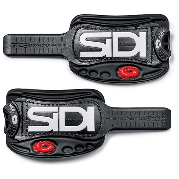 Two black Sidi shoe straps with red accents on a white background