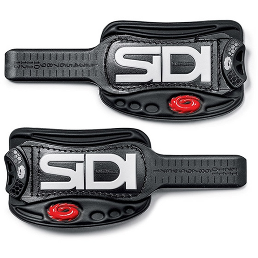 Two black Sidi shoe straps with red accents on a white background