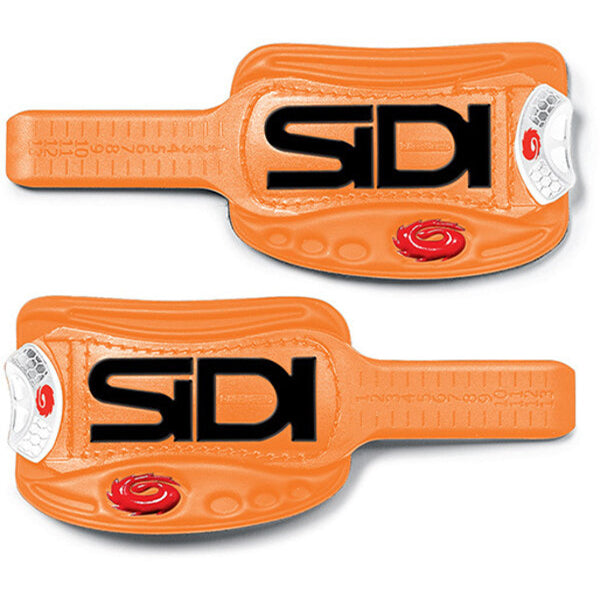 Two orange Sidi shoe straps on a white background