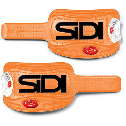 Two orange Sidi shoe straps on a white background