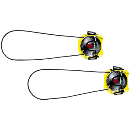 Two black/yellow Sidi dial closure systems with metal laces on a white background