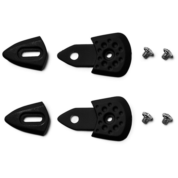 Set of black plastic components and screws on a white background