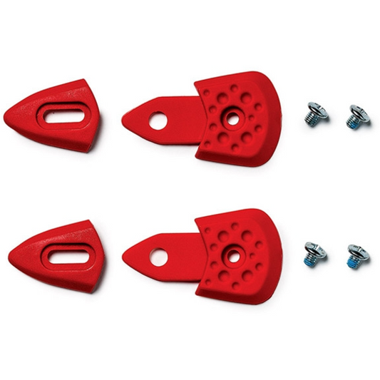 Red plastic components with holes and screws on a white background