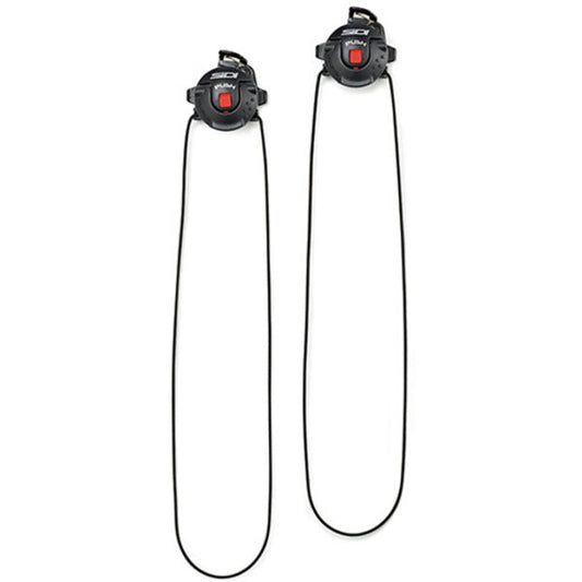 Two black closure mechanism with red buttons on a white background