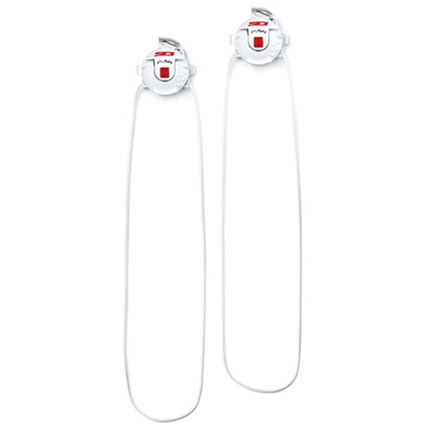White closure mechanism with a red and black logo on a white background