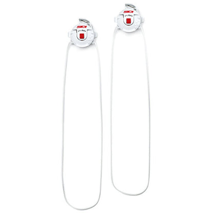 White closure mechanism with a red and black logo on a white background