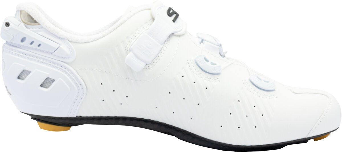 White cycling shoe with brand logo on a white background
